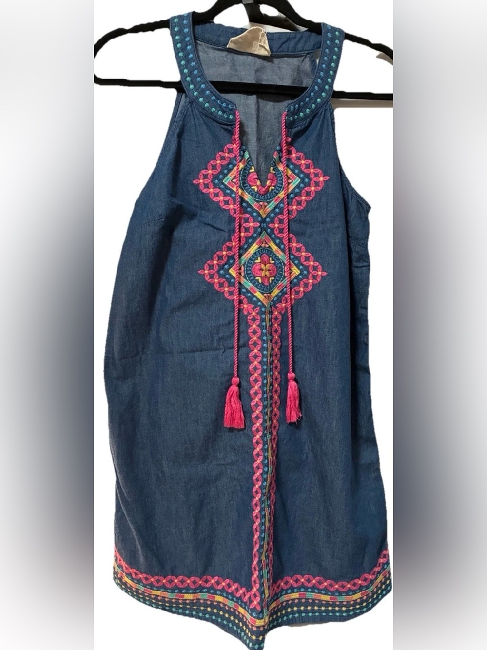 Savanna Jane Embroidered Denim Shift Dress Boho Sleeveless Tassel